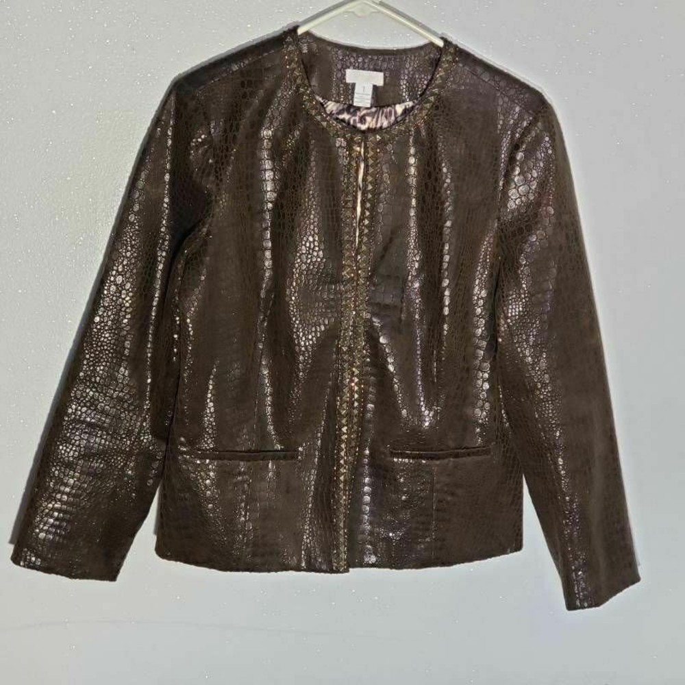 Chicos Womens Jacket Brown Crocodile Embossed Hook & Eye Embellished 1 M/8 New